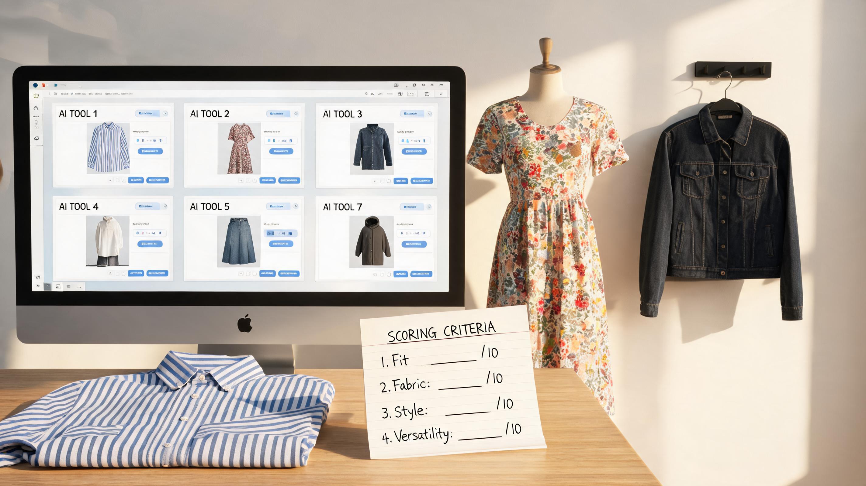 Test setup for the best AI clothes changer review: three test garments arranged on a desk — a striped Oxford shirt laid flat, a floral midi dress on a mannequin, and a dark denim jacket on a hanger — next to a monitor showing tool interfaces and scoring notes