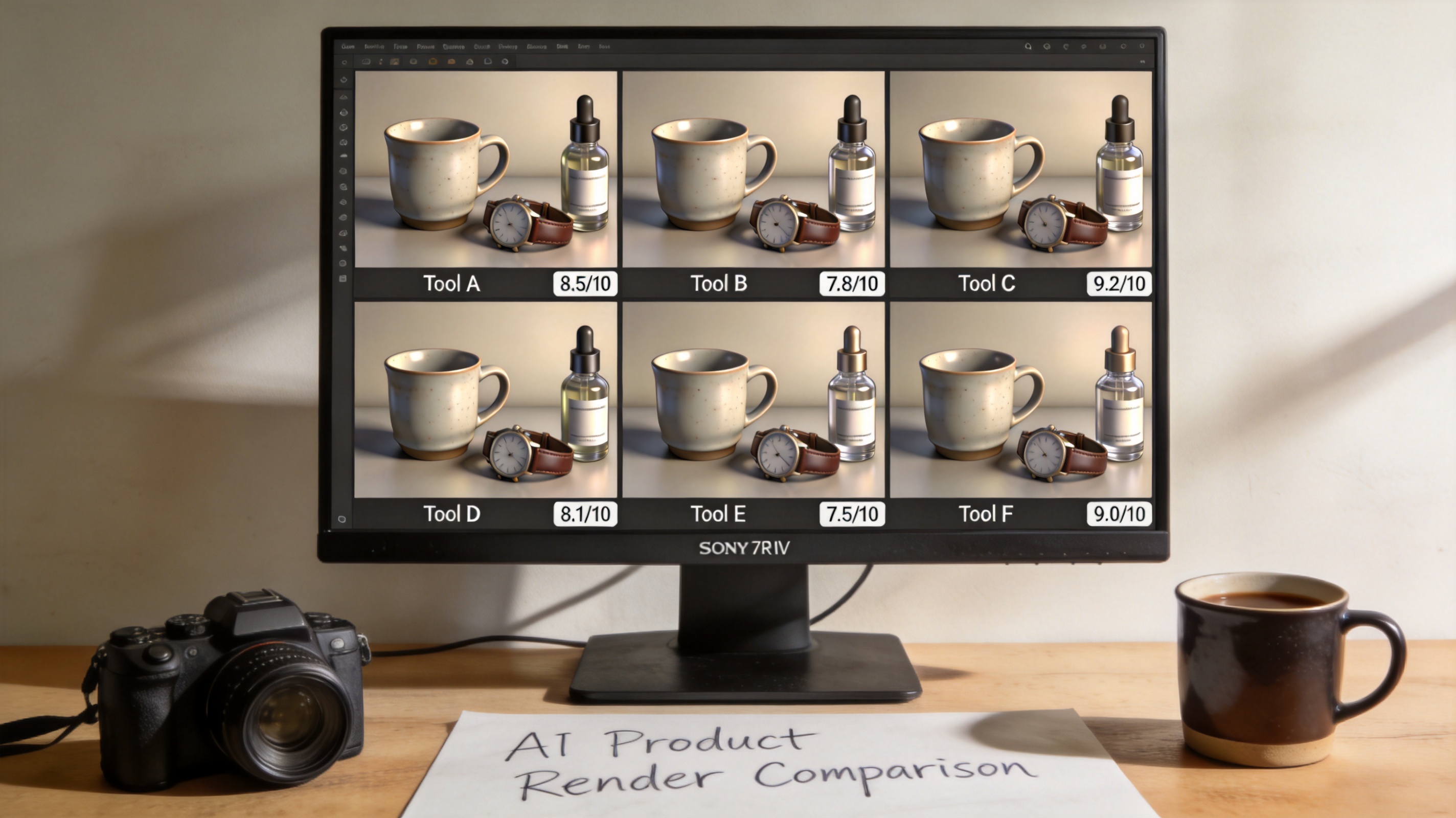 A six-panel comparison grid on a large monitor showing the same three products — ceramic mug, leather watch, and glass skincare bottle — rendered by Photoroom, Pebblely, Flair.ai, ezpixy, ProductAI, and Pixelcut, each with its tool name and quality score below