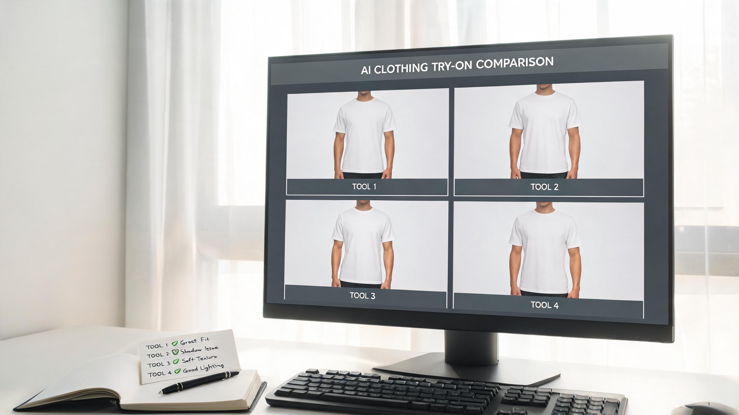 Product photography comparison display showing ceramic vase processed through three AI product photo generators on studio monitor