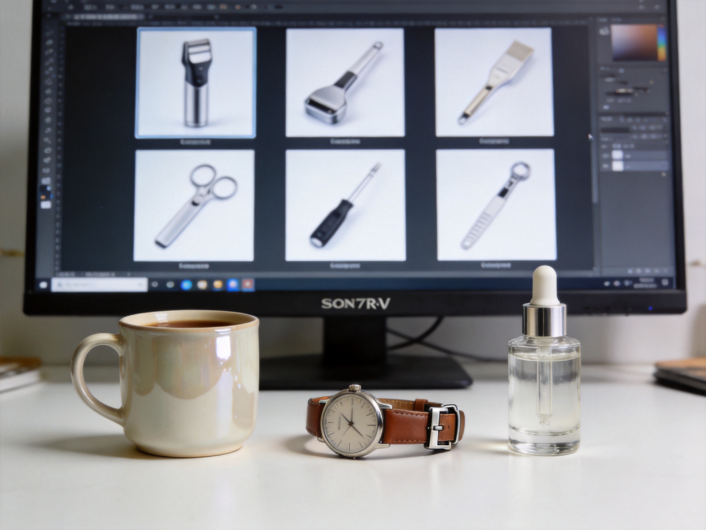 A clean white desk setup showing three test products — ceramic coffee mug, leather watch, and glass skincare bottle — arranged in front of a monitor displaying a grid of AI-generated product photos from the six tested tools