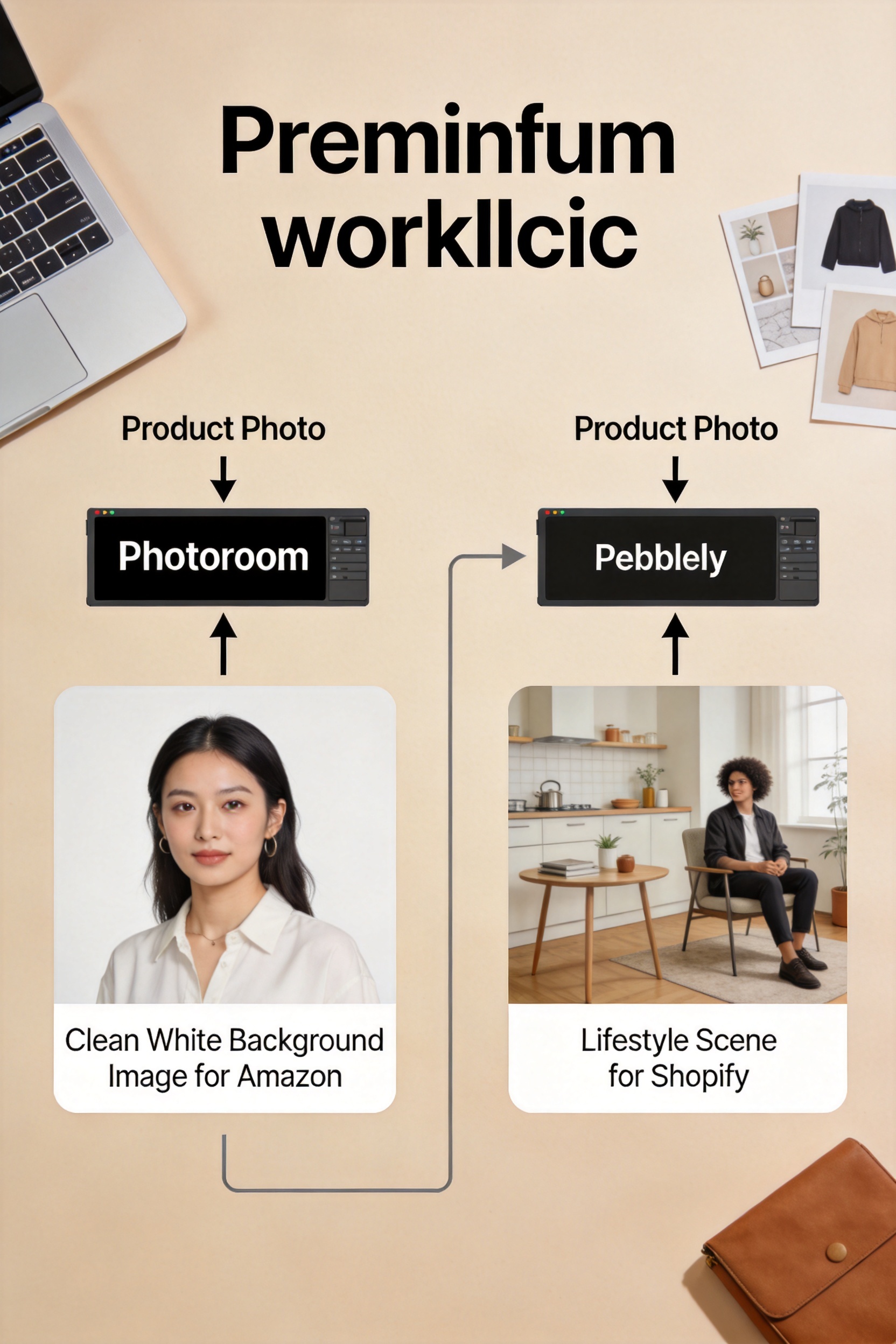 A workflow diagram showing the recommended two-tool strategy: clean product photos go to Photoroom or ProductAI for white background marketplace images, then lifestyle and hero shots go to Pebblely or Flair.ai for Shopify storefronts and social media