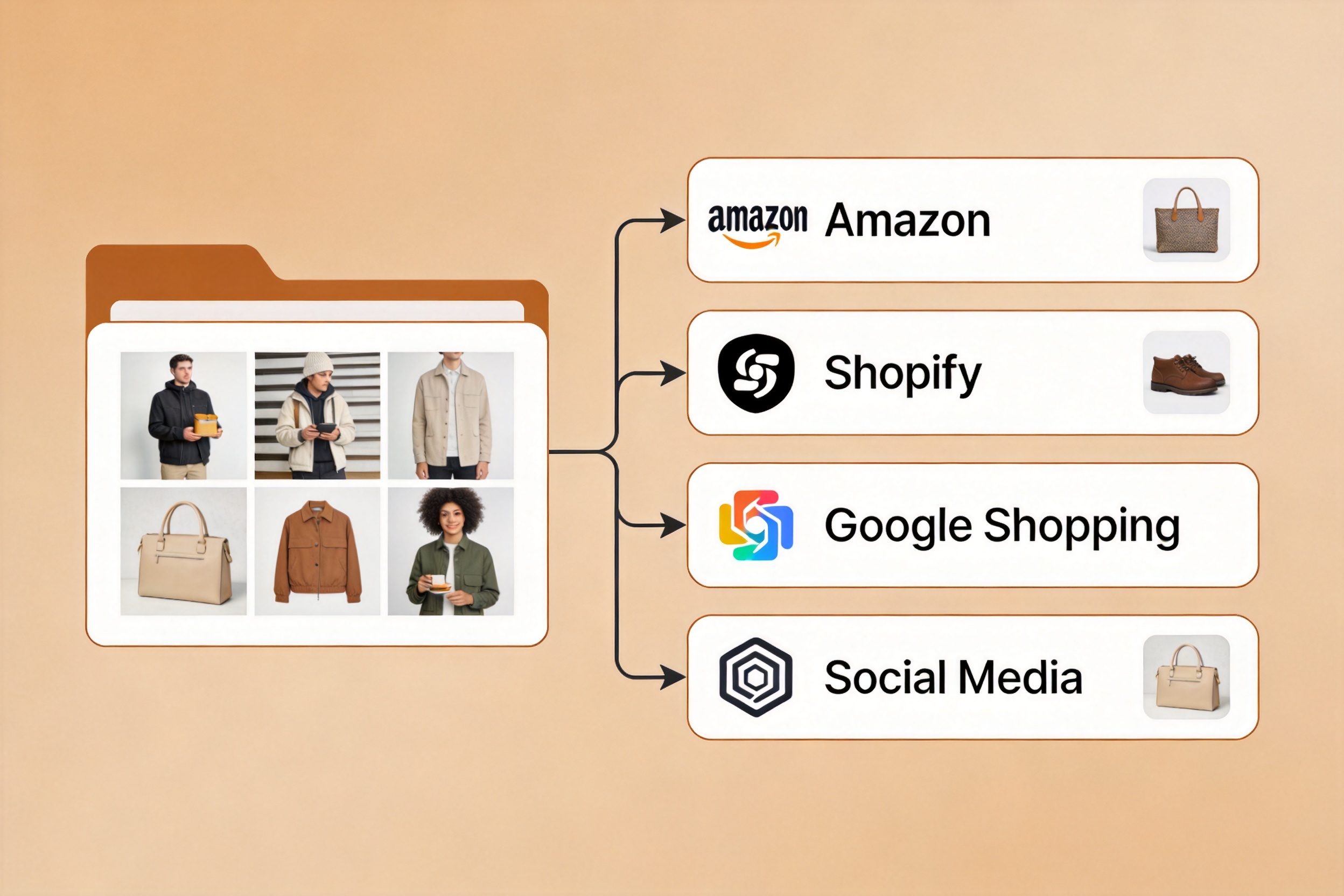 Bulk product photo editor export distribution: a single folder of batch-processed product images routed to Amazon, Shopify, Google Shopping, and social channels with uniform white backgrounds