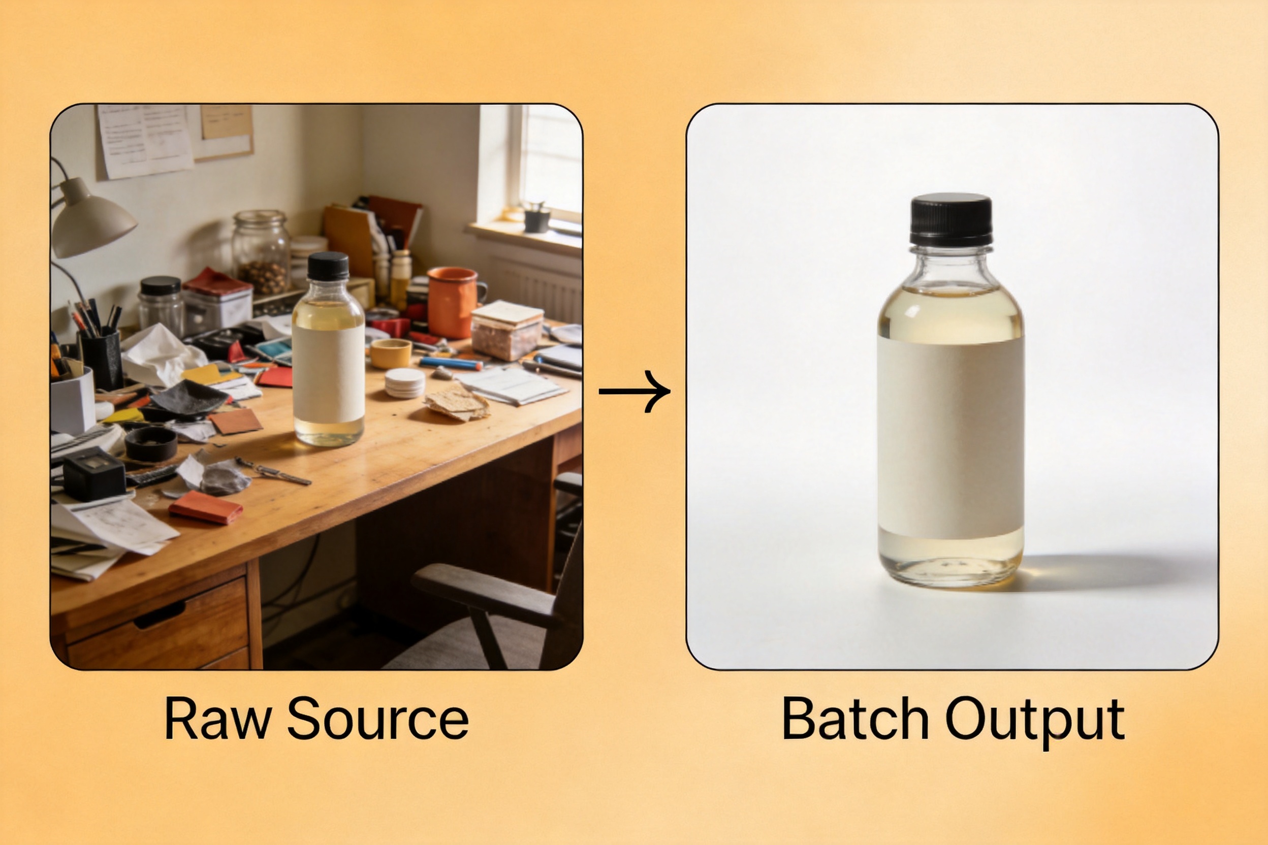 Bulk product photo editor before and after: a cluttered raw product photo on the left transforming into a clean white-background catalog image on the right, showing why single-image editing cannot match batch consistency