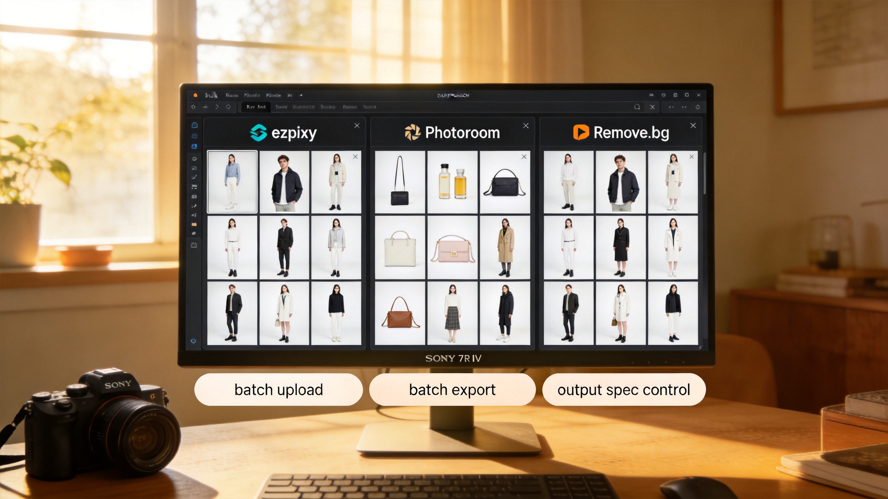 Bulk product photo editor tool comparison: a side-by-side interface view of ezpixy, Photoroom, and Remove.bg showing how each handles batch upload, background removal, and bulk export for product catalogs