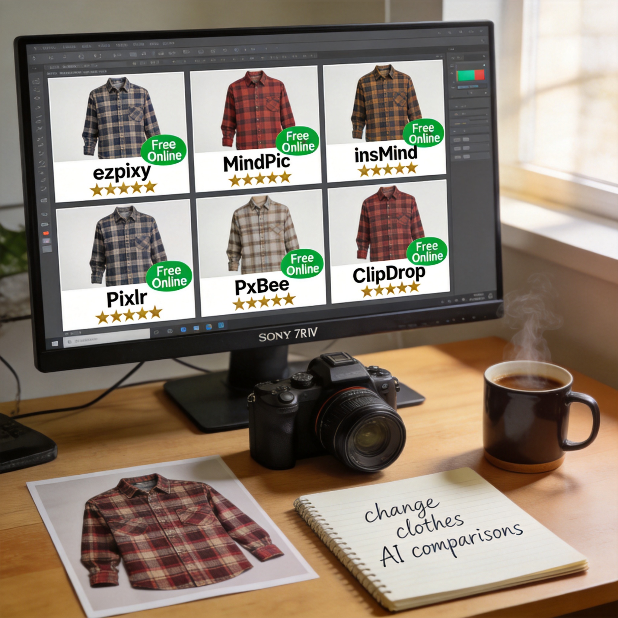 Six-panel comparison grid showing the same flannel shirt rendered by six different 'change clothes AI' online free tools: ezpixy, MindPic, insMind, Pixlr, PxBee, and ClipDrop — each with a 'Free Online' badge and star quality rating