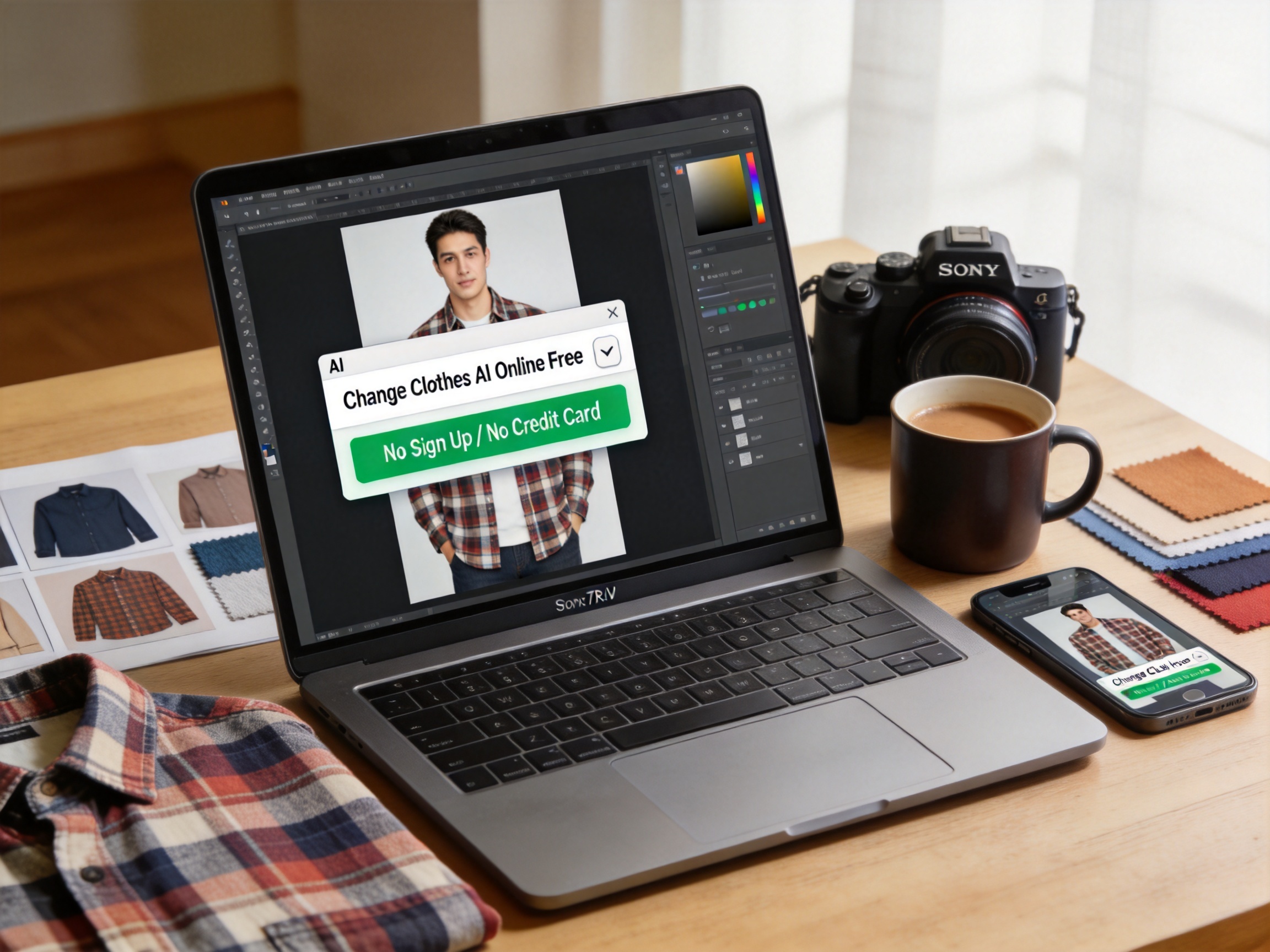 Editorial workspace with a laptop displaying a 'Change Clothes AI Online Free' tool transforming a flannel shirt with a 'No Sign Up / No Credit Card' banner, with garment photos on the desk