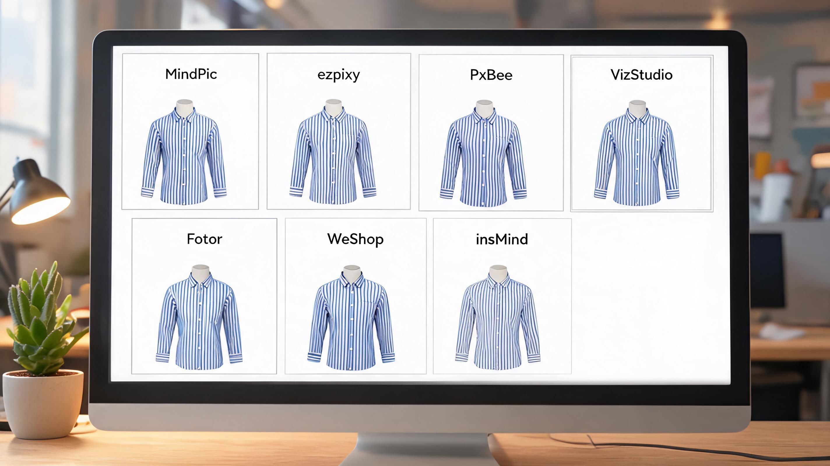7 free AI clothes changer tools side-by-side on a monitor showing the same striped shirt rendered by each tool, with MindPic, ezpixy, PxBee, VizStudio, Fotor, WeShop, and insMind results arranged in a grid for visual comparison