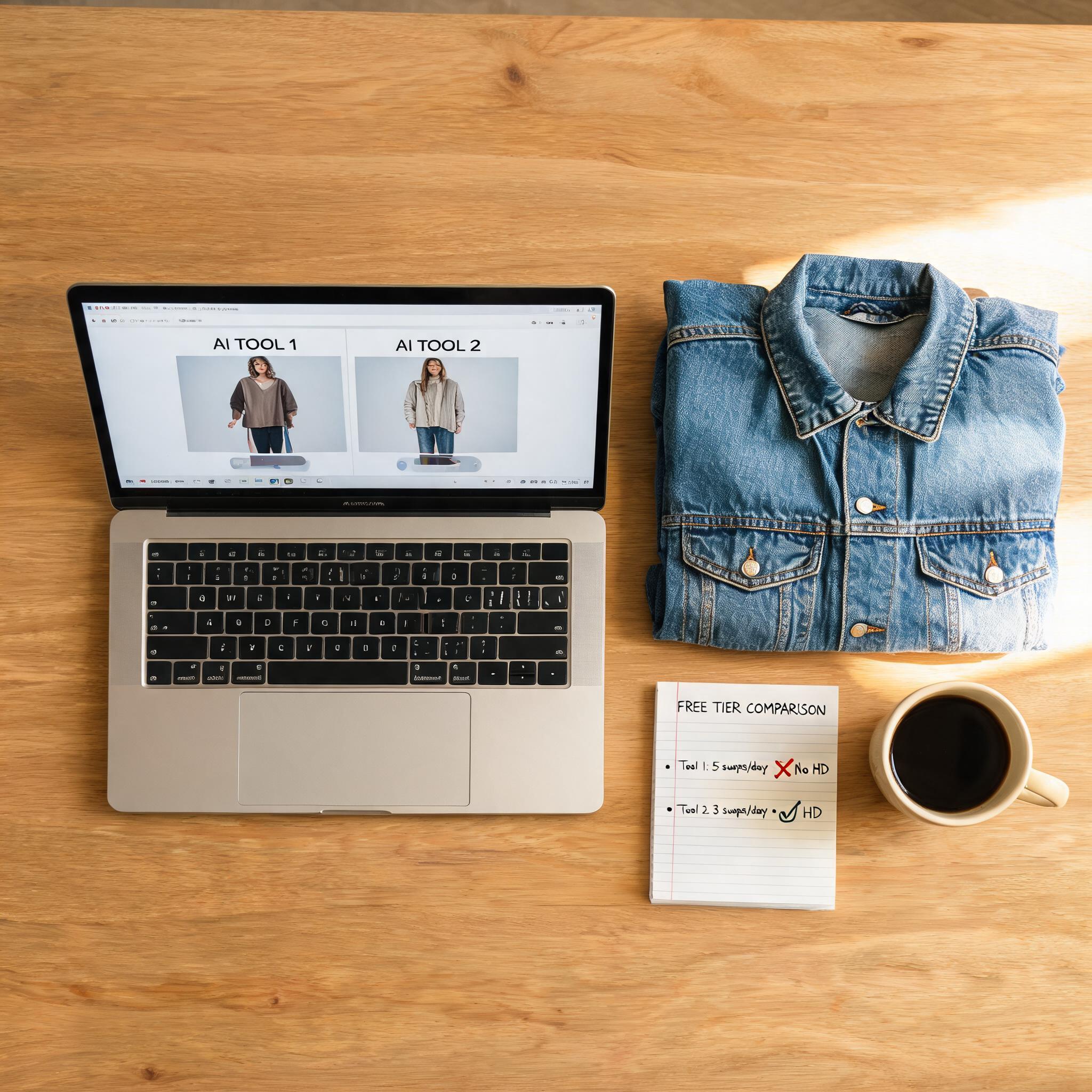 Laptop screen showing two AI clothes changer interfaces side by side with a flat lay shirt on the desk, text overlay reading Free vs Paid