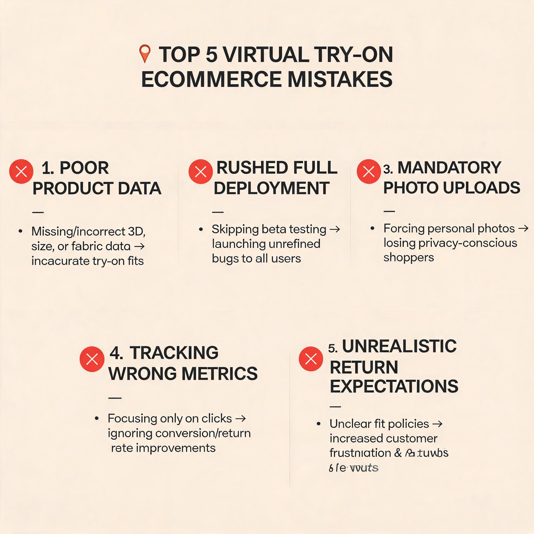 Checklist infographic showing the five most common mistakes when implementing virtual try on clothes for ecommerce, with icons for poor product data, rushed deployment, mandatory photo uploads, wrong metrics, and unrealistic expectations