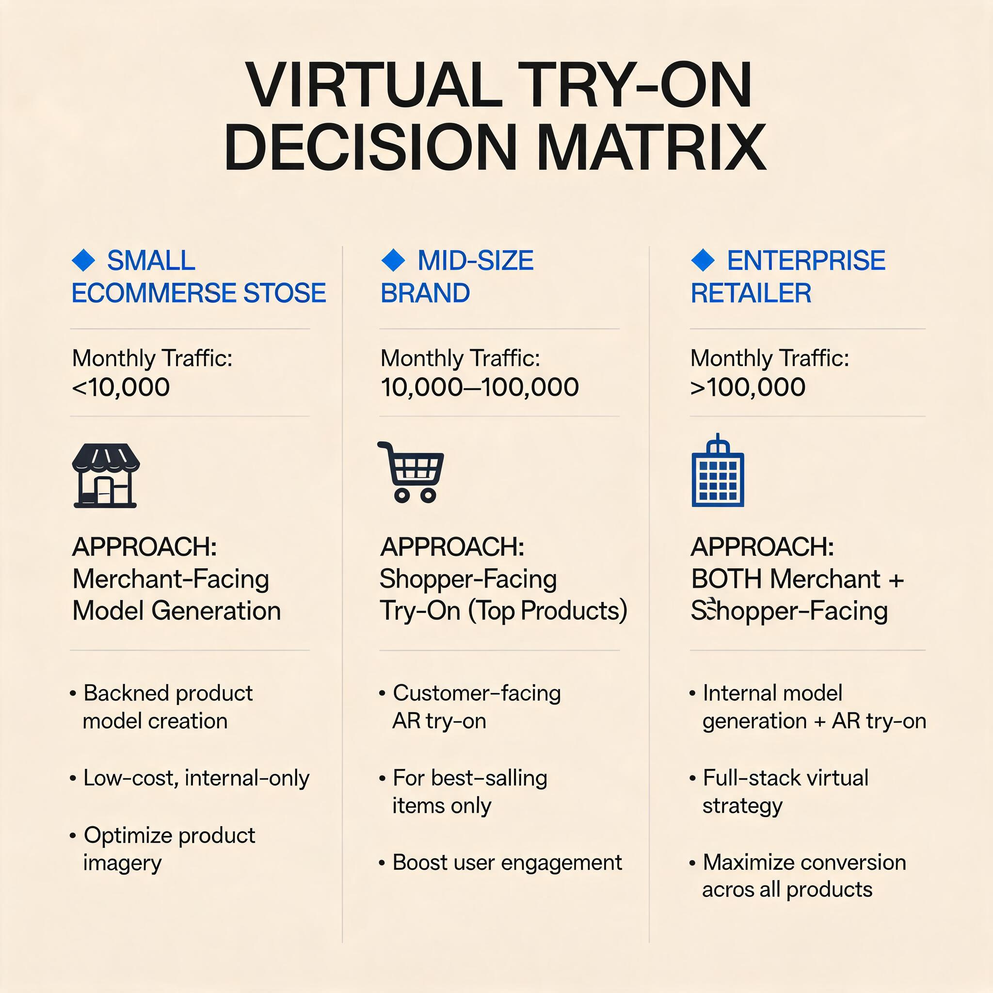 Decision matrix showing which virtual try on clothes approach to choose based on store size, monthly traffic, and technical resources, with three paths for small stores, mid-size brands, and enterprise retailers