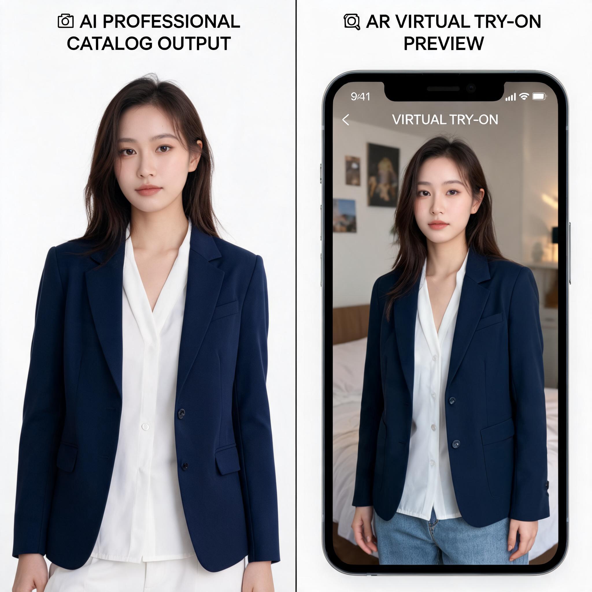 Young professional woman using smartphone AR virtual try-on to preview tailored blazer in modern apartment with mirror reflection
