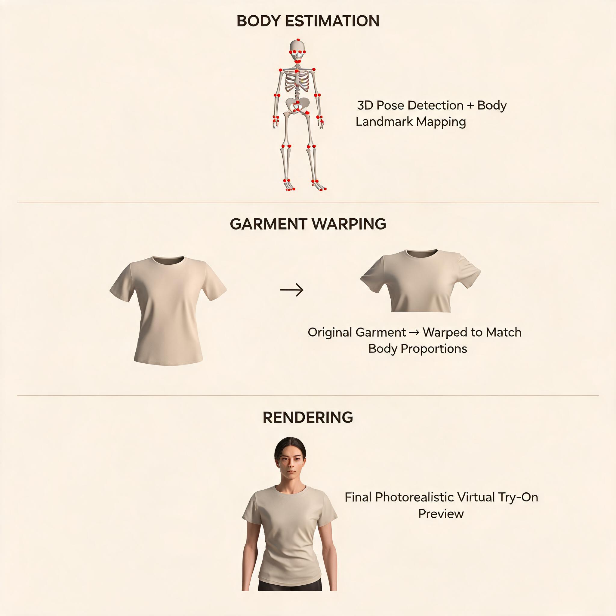 Three-layer technical diagram showing how AI virtual try on clothes works: Layer 1 body estimation and pose detection mapping landmarks, Layer 2 garment warping and deformation adjusting fabric to body shape, Layer 3 rendering and compositing producing the final photorealistic preview