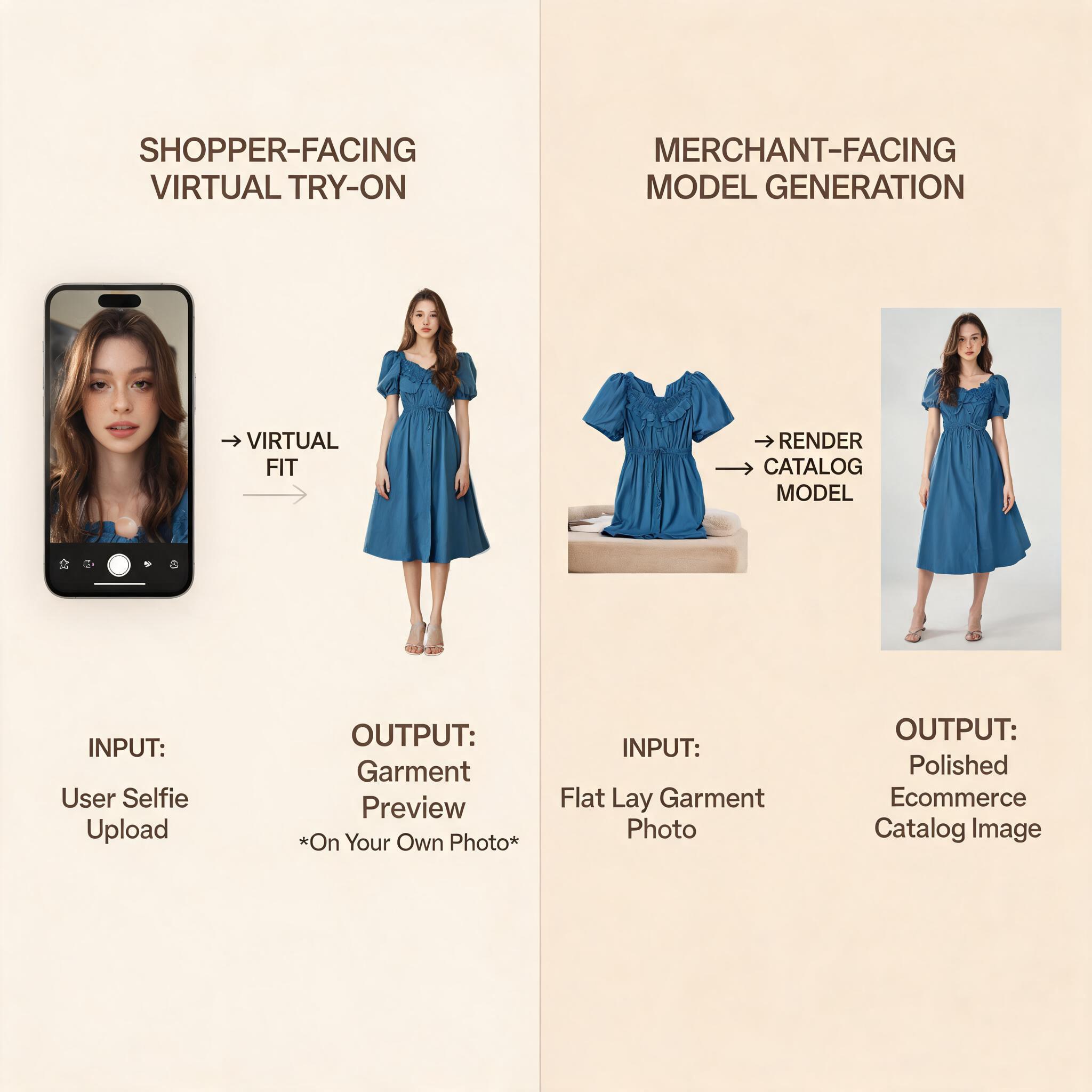 Side-by-side comparison diagram showing the two types of virtual try on clothes: shopper-facing try-on for decision support on the left and merchant-facing model generation for catalog content on the right, with labeled inputs and outputs for each workflow