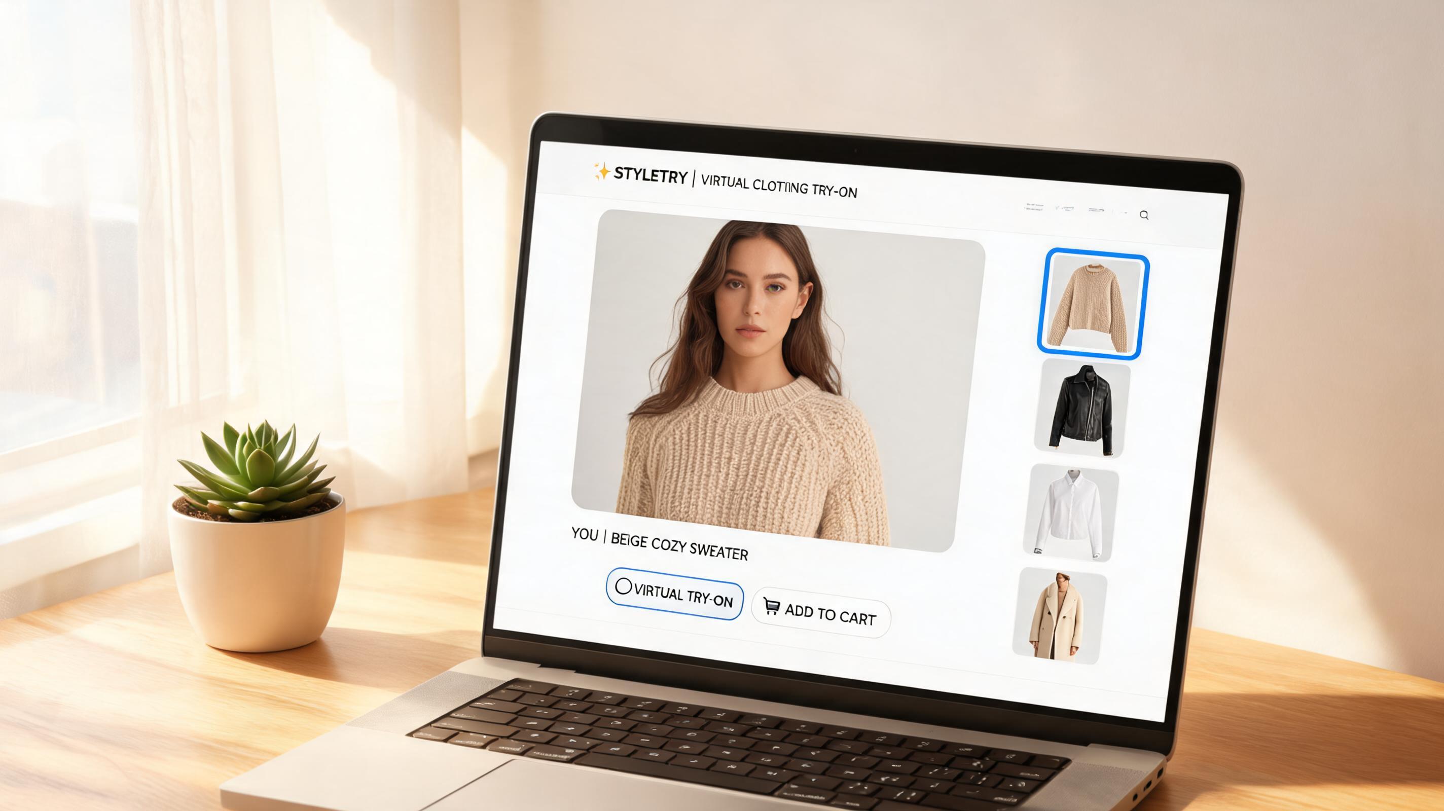 Virtual try-on for clothing interface showing a shopper previewing a garment on their body, with clothing catalog thumbnails alongside