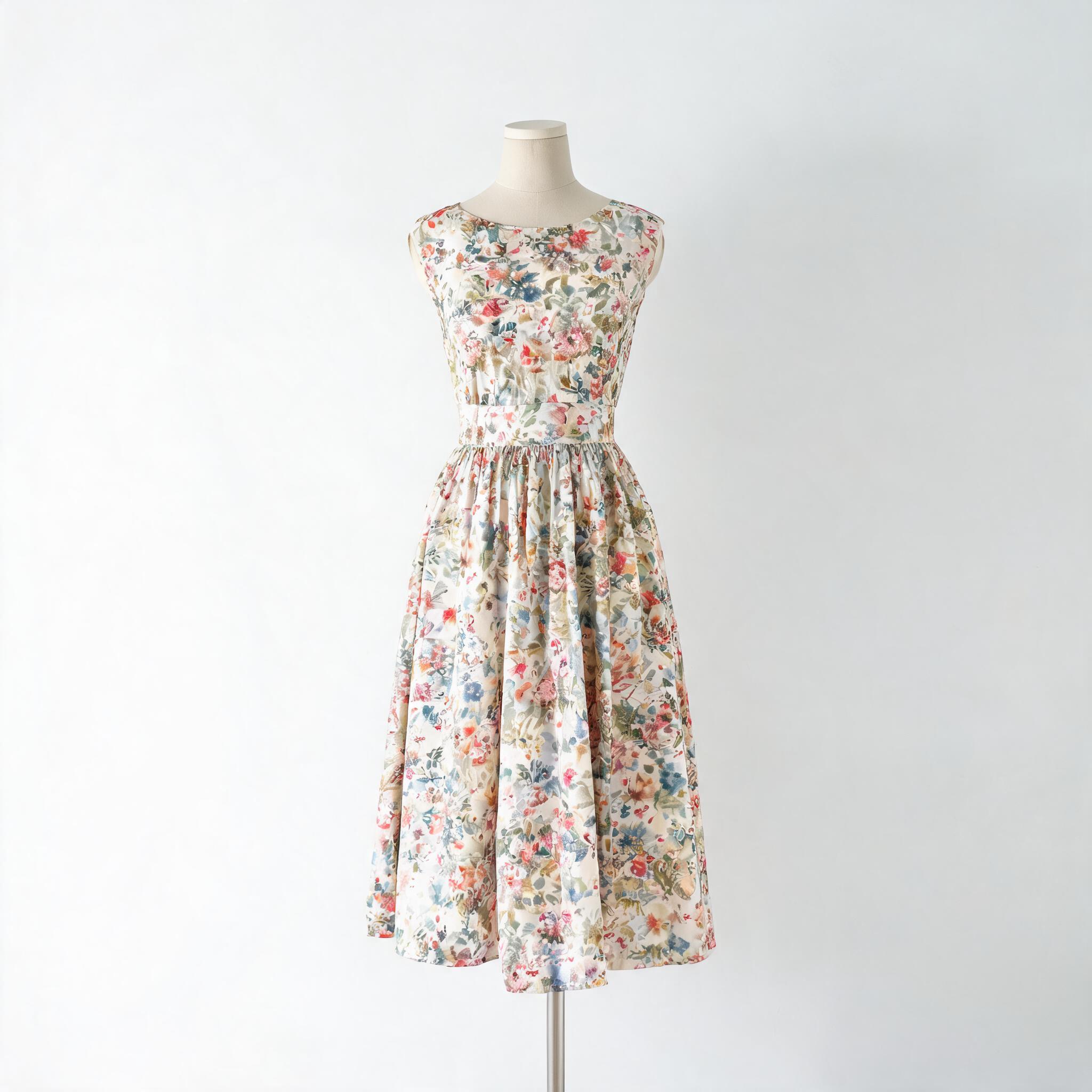 A floral midi dress on a mannequin against a white studio wall — the raw garment photo before virtual try-on processing
