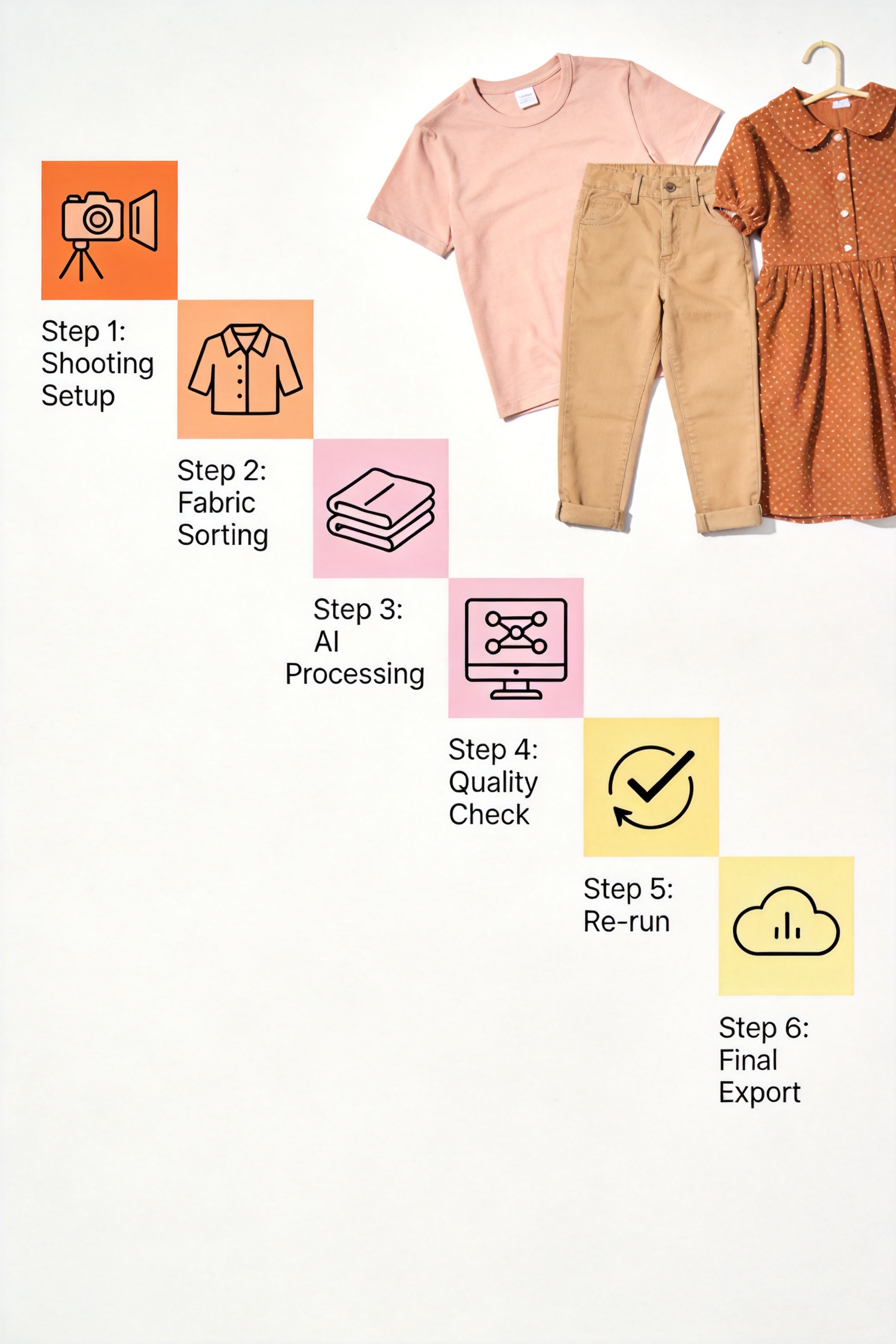 White background clothing photos batch workflow: 6-step diagram showing consistent shooting setup, fabric-based sorting, single AI processing pass, quality spot-checking, and 2000x2000 export for marketplace compliance