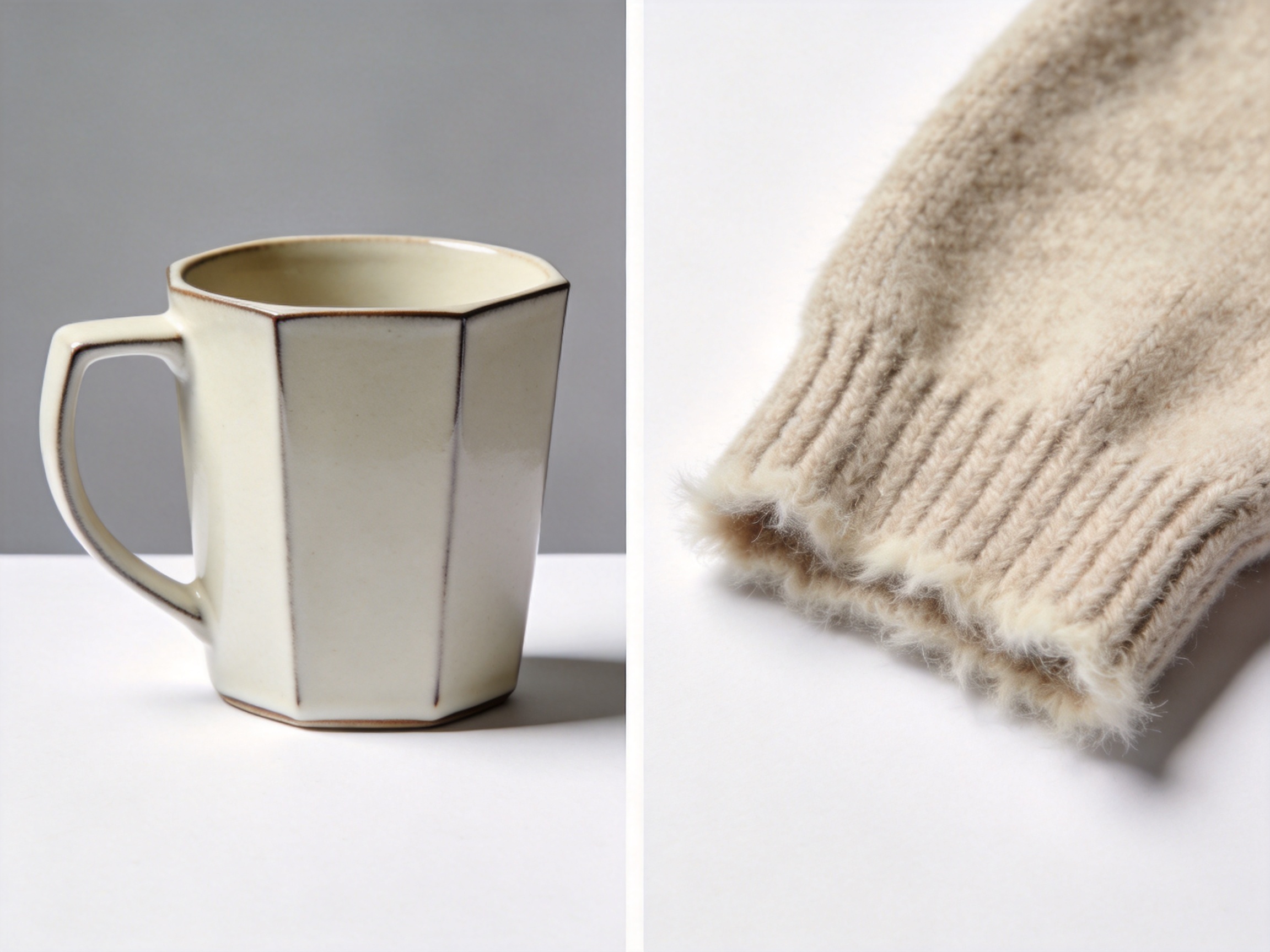 White background clothing photos vs general product photos: a side-by-side comparison of a ceramic mug and a knit sweater, showing how soft fabric edges create different AI background removal challenges than hard goods