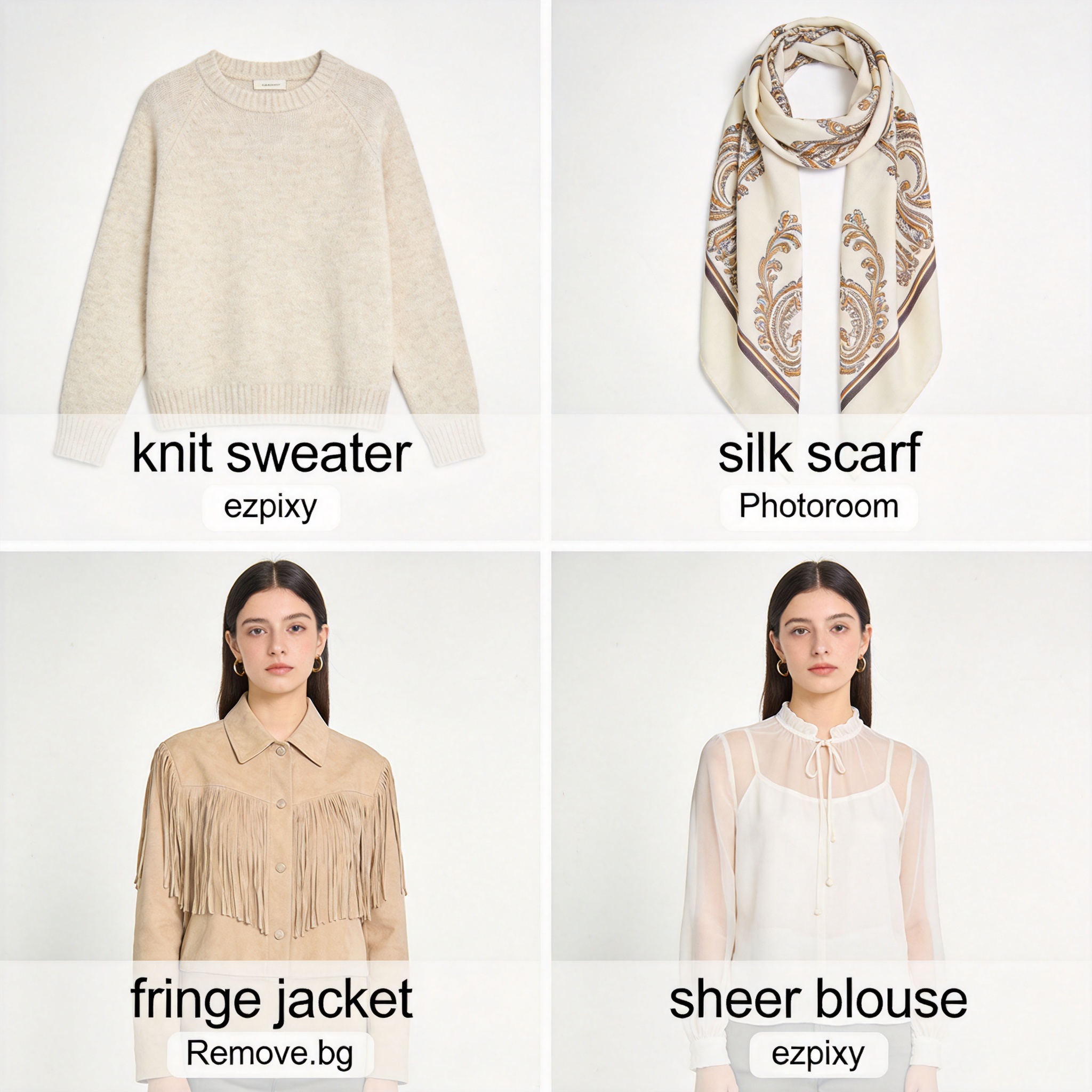 White background clothing photos AI tool comparison: four clothing samples (knit sweater, silk scarf, fringe jacket, sheer blouse) showing how ezpixy, Photoroom, and Remove.bg handle each fabric type differently