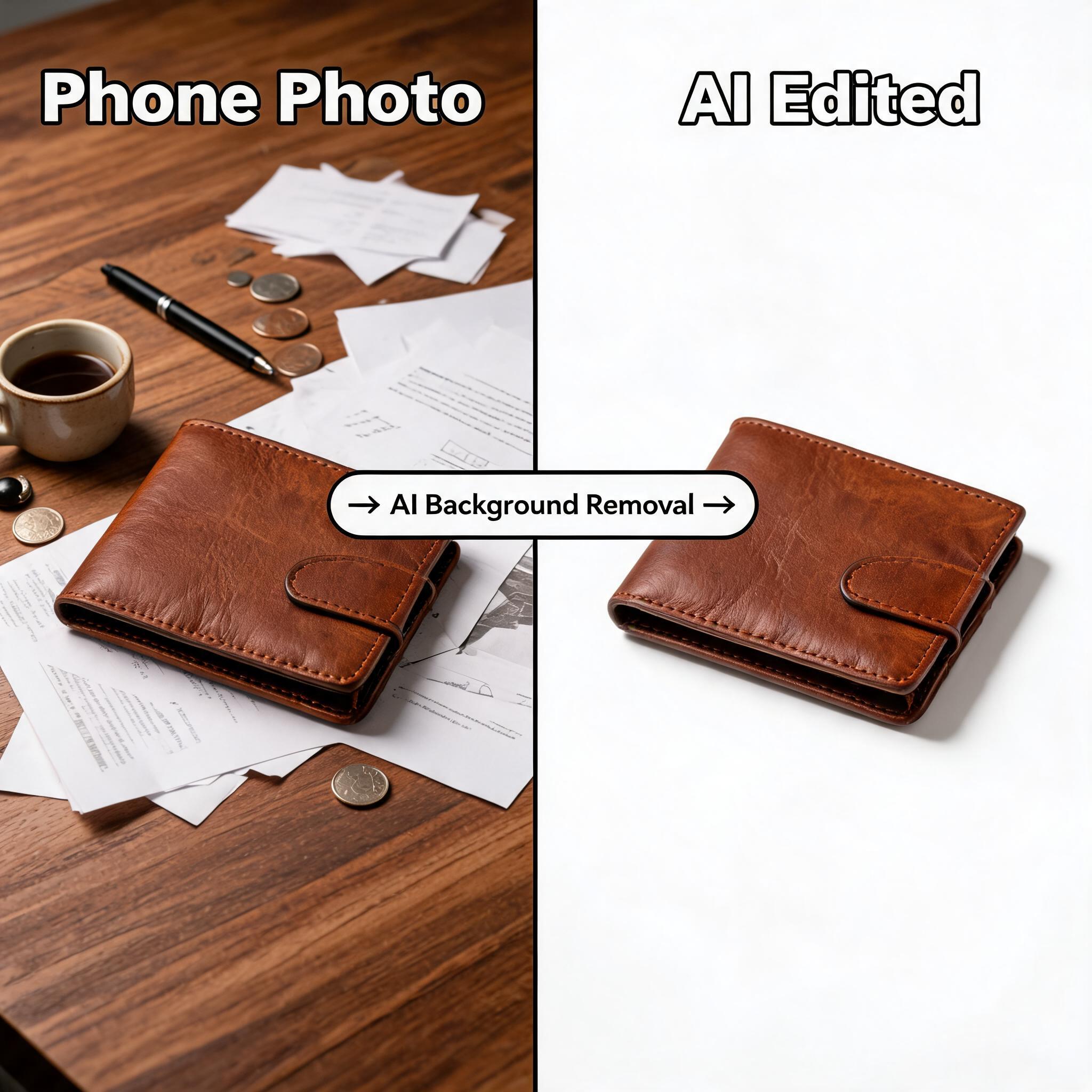 White background product photos before and after: a leather wallet on a cluttered wooden desk transforms into the same wallet isolated on a pure white RGB 255,255,255 background with professional studio lighting