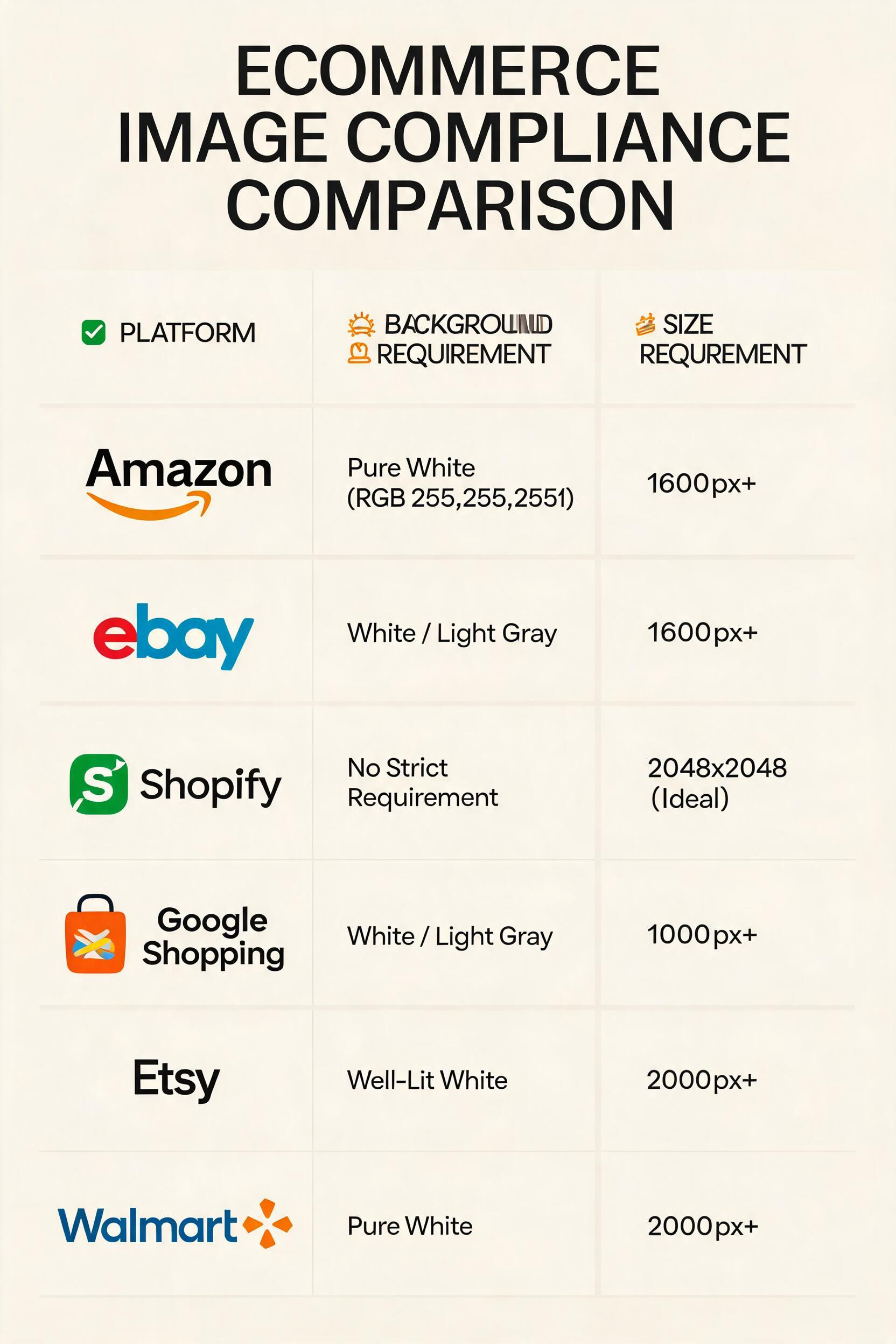 White background product photos for Amazon compliance: a marketplace requirements comparison table for six platforms — Amazon, eBay, Shopify, Google Shopping, Etsy, and Walmart — with resolution, format, and product fill specifications