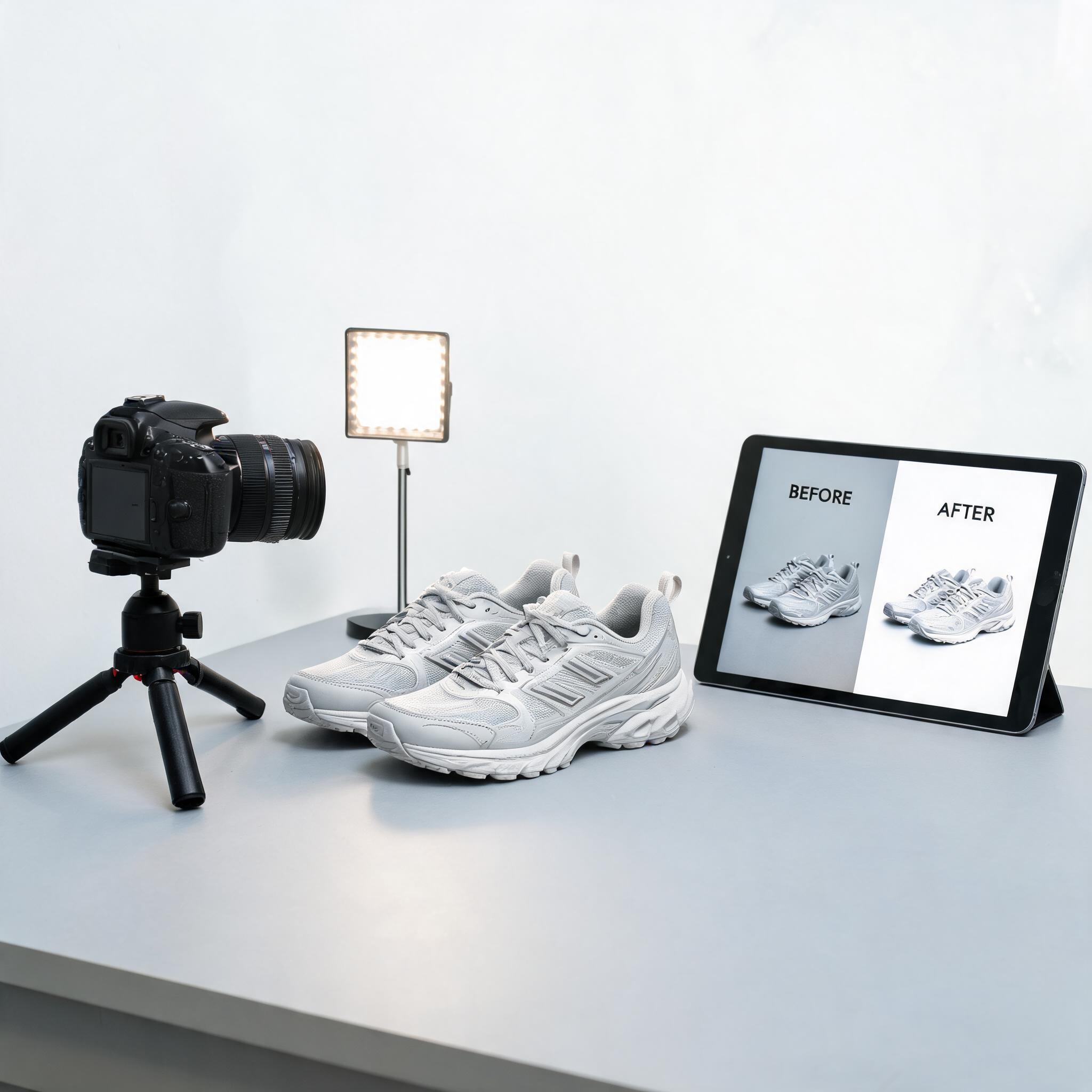 Compact product photography setup with running shoes transforming to pure white background on tablet display showing before and after