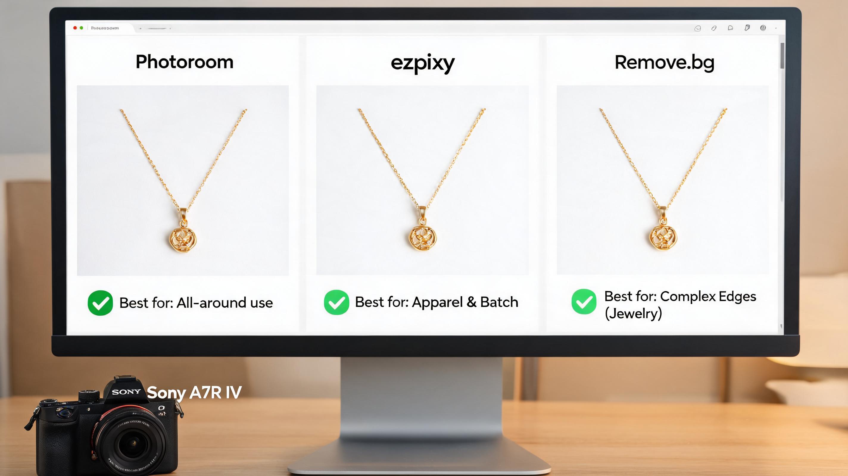 White background product photos tool comparison: three panels showing Photoroom, ezpixy, and Remove.bg processing the same product with their background removal and white background features