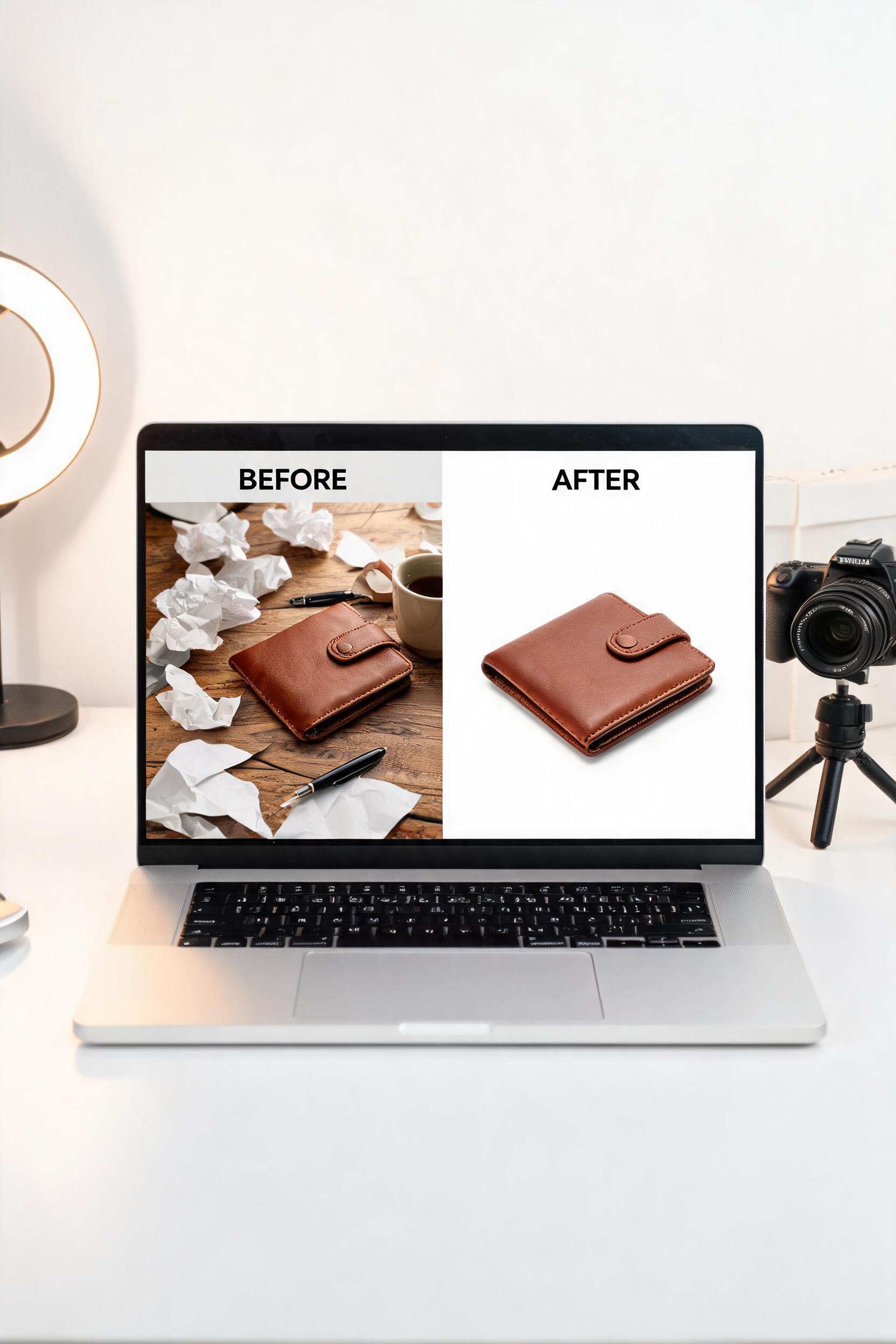 White background product photos workflow showing a before-and-after comparison of a leather product on a cluttered desk and the same product on a pure white background