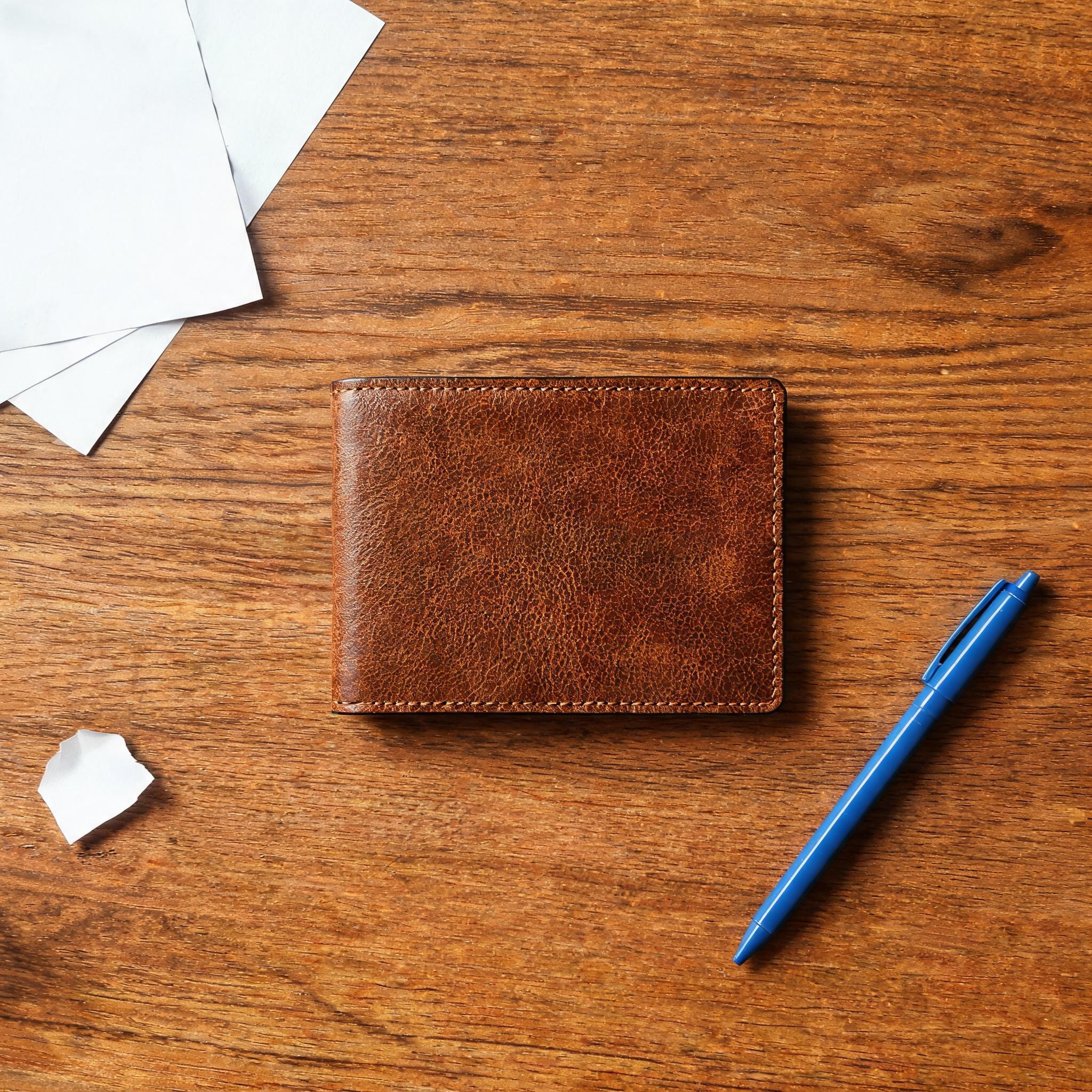 A leather wallet on a cluttered wooden desk — the raw snapshot before AI white background processing